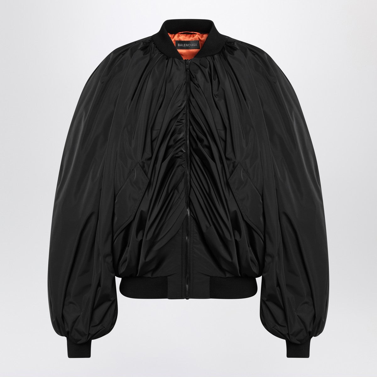 Balenciaga Draped black bomber jacket in technical micro-faille